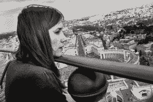 Young woman, city, cityscape, high, view, railing, distance, hair.