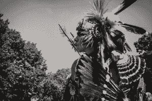 Native American, indian, indigenous, costume, feathers, arrows, man, profile, face, trees.